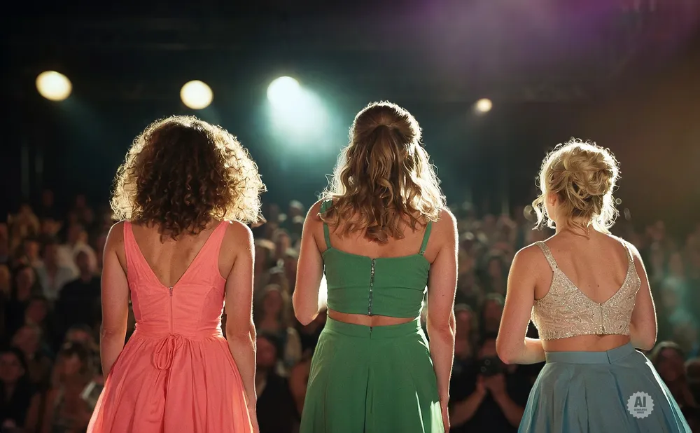 Backs of three women in dresses on a stage, lit from behind, with an audience in the background.