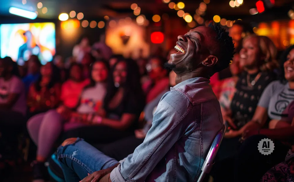 A Black man laughs heartily in a dimly lit room, with an audience in the background.
