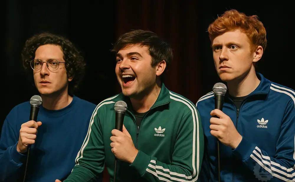 Three men on stage holding microphones. The man in the center wears a green Adidas jacket and laughs.