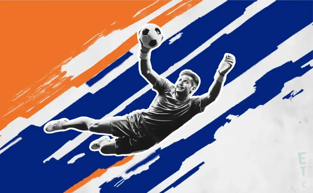A black and white image of a soccer goalkeeper leaping to catch a ball against a backdrop of orange, blue, and white brushstrokes.