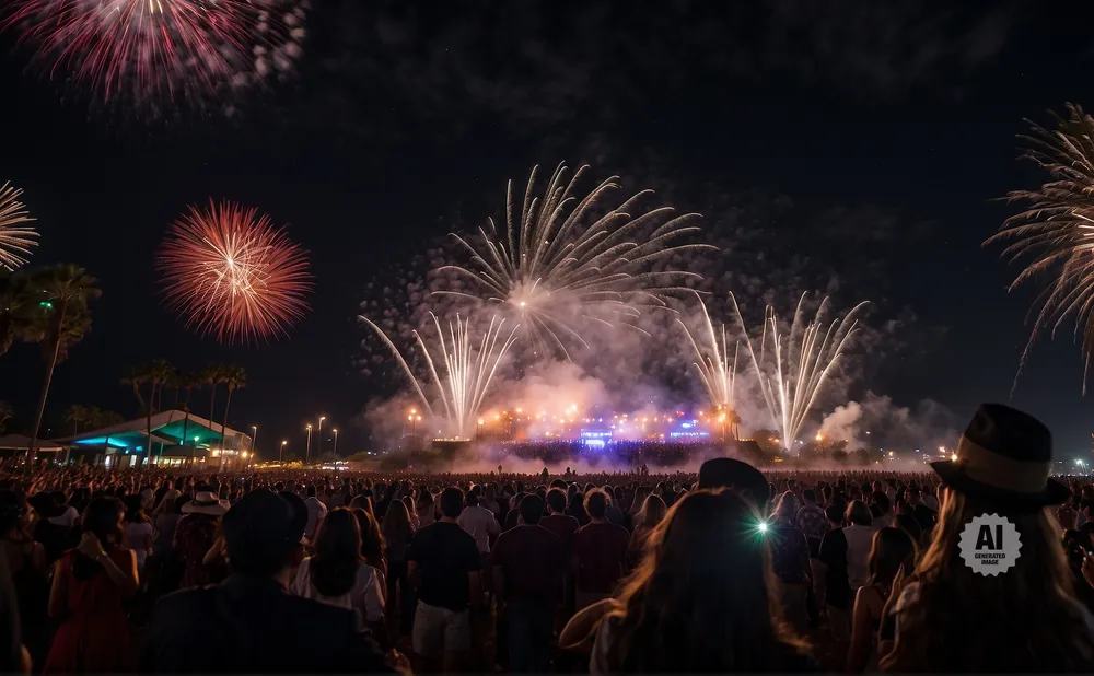 Fireworks explode over a crowd at an outdoor concert with palm trees.