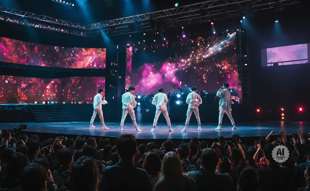 A group of singers on a stage with a large pink and gold background, performing for an audience.