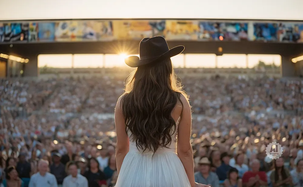 Woman in white dress and cowboy hat facing a stadium crowd at sunset.