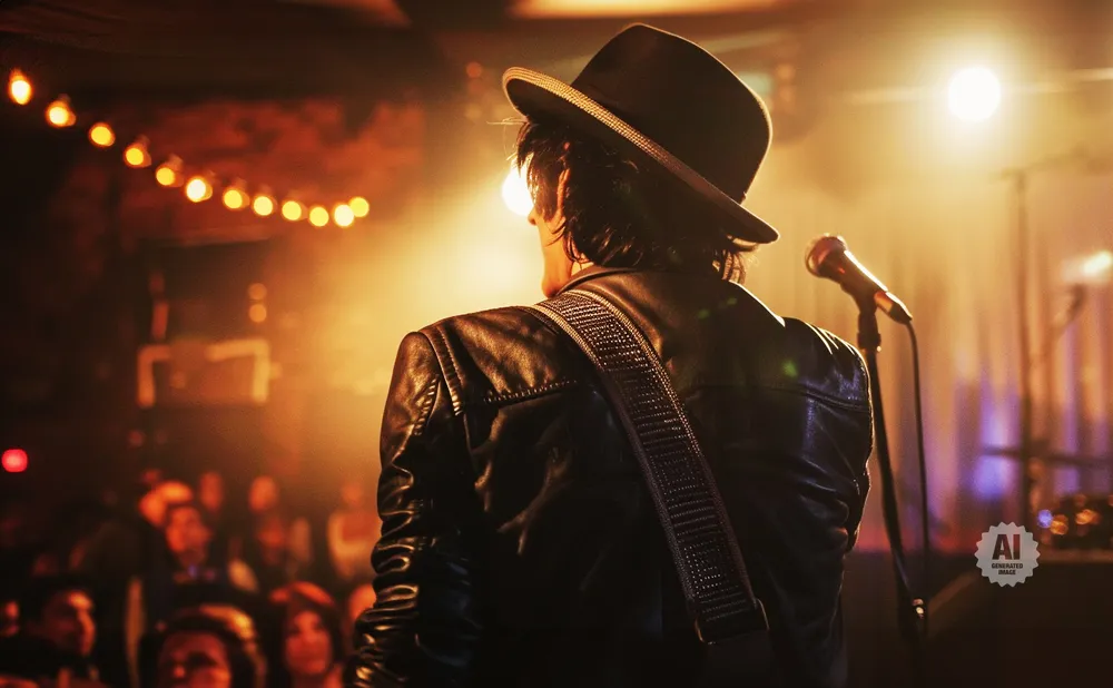 A musician in a hat and leather jacket performs on stage with a microphone and a blurred audience.