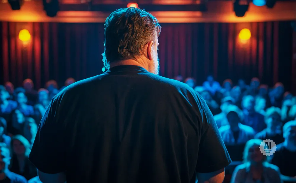 Man with beard in black t-shirt faces away from camera, speaking to a dimly lit audience in a theater.