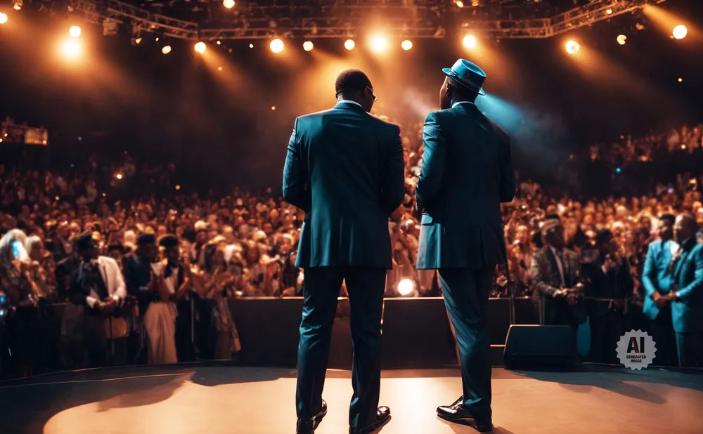 Two men in suits on a stage, facing a large, blurred audience under bright stage lights.