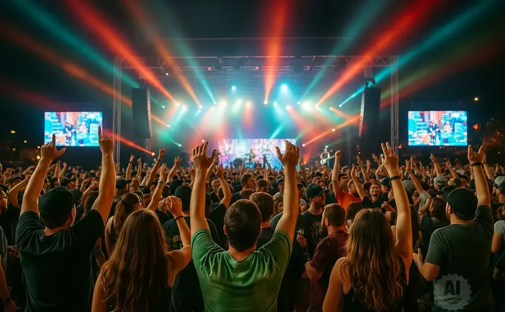 A crowd of people with their hands raised at an outdoor concert with bright stage lights.
