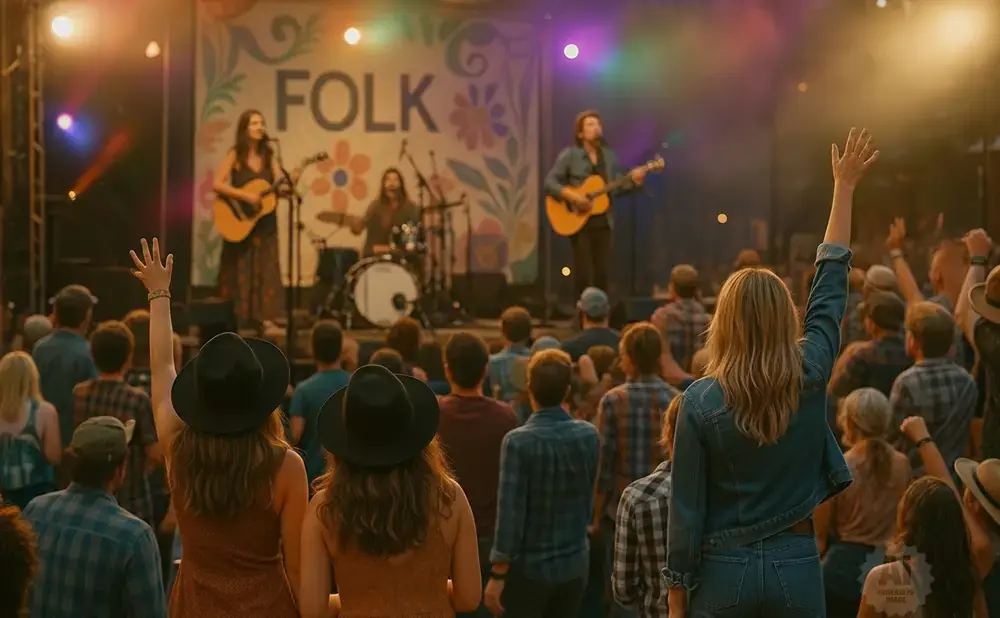 A band plays folk music on a stage to a cheering crowd with hands raised.