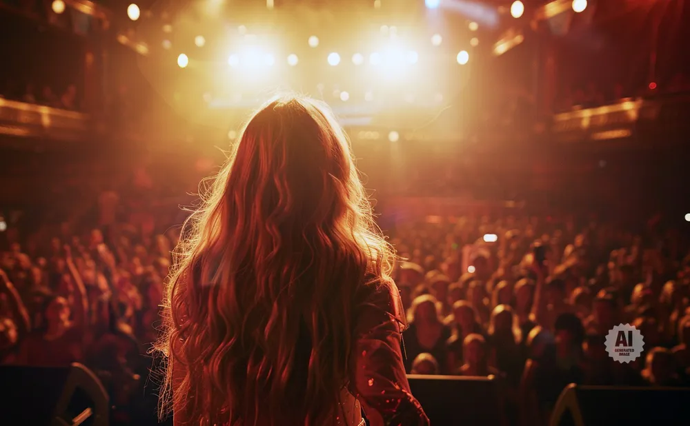 A person with long, wavy blonde hair stands on a stage, facing a large, cheering crowd under bright stage lights.