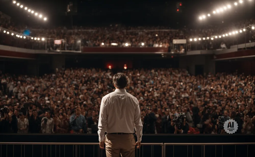 A person in a white shirt stands facing a large, cheering crowd in a stadium.