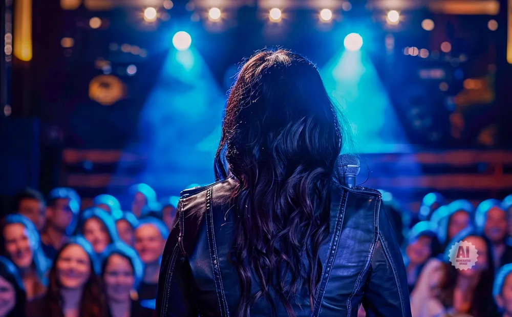Woman in leather jacket on stage with microphone, facing crowd under blue spotlights.