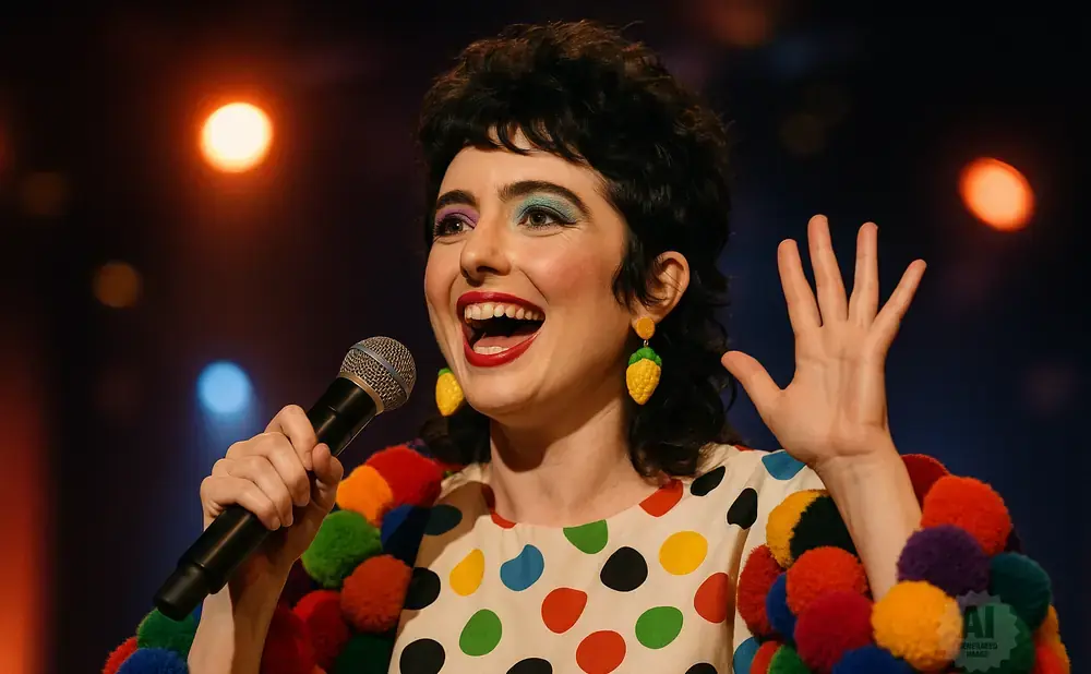 A woman with brightly colored eye makeup and pineapple earrings sings into a microphone while wearing a polka dot dress and a fluffy pom-pom scarf.