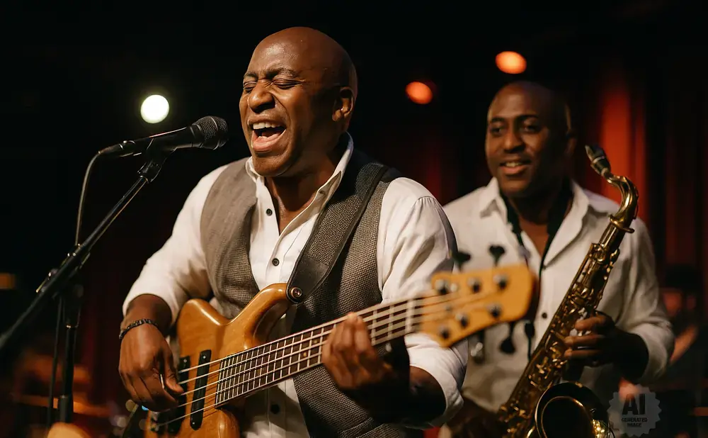 A Black man sings and plays bass guitar as another Black man plays saxophone in a dimly lit performance space.