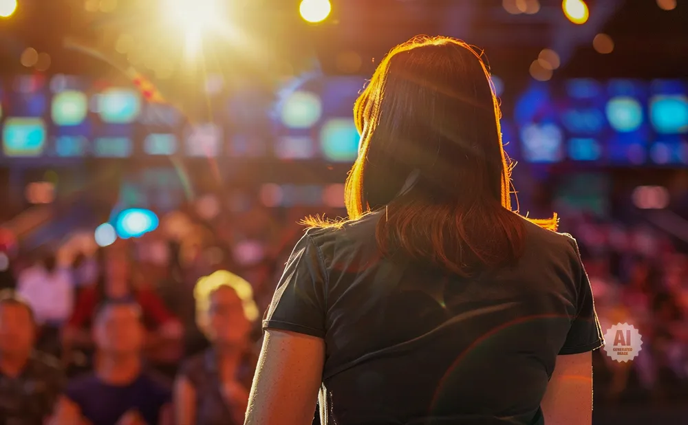 Woman with auburn hair in a dark shirt facing a bright stage with a blurred audience.