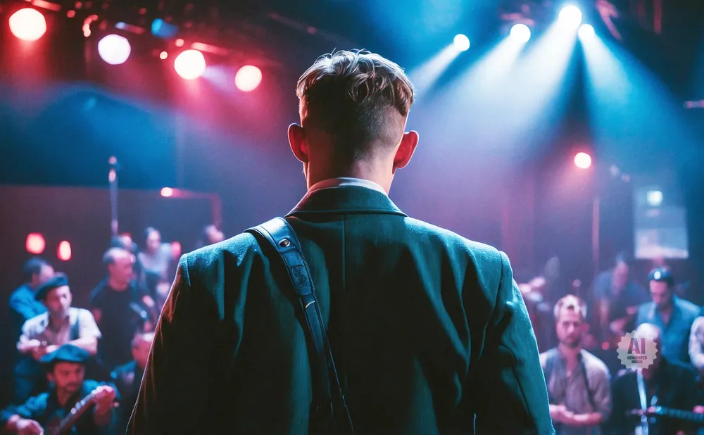 Man in suit facing away, on stage with red and blue lights, crowd in background.