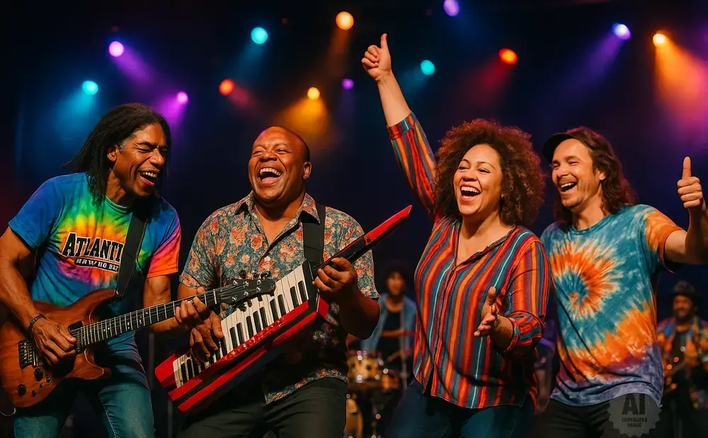 A band performs onstage with colorful lighting; two men and a woman laugh while playing instruments.