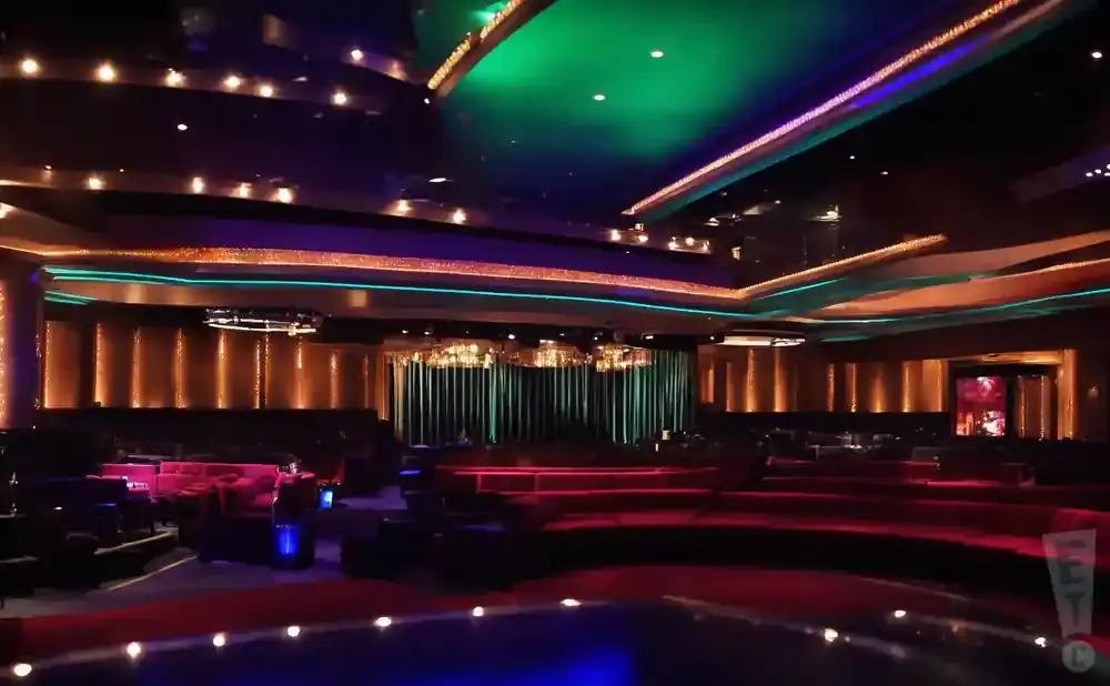 Luxurious theater with red velvet seating, stage with green curtains, and illuminated ceiling.
