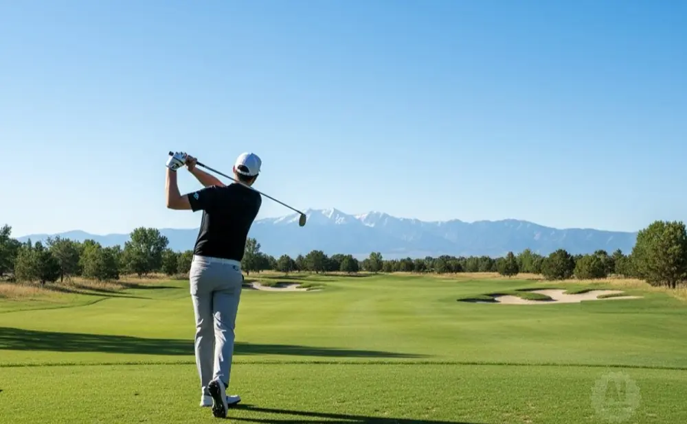 A golfer swings at a tee box with mountains in the background.