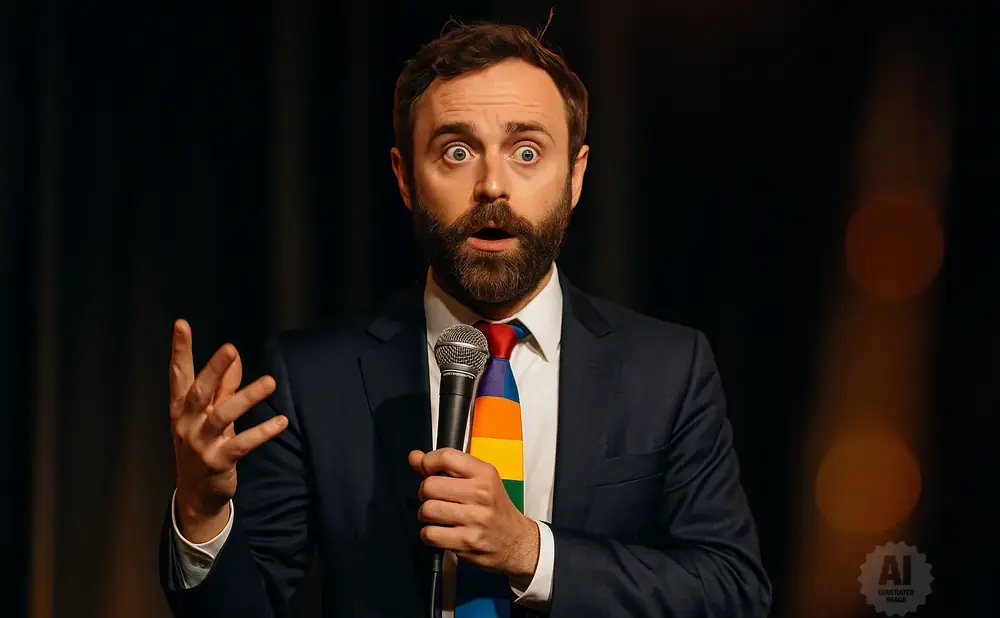 Man in a suit and rainbow tie speaks into a microphone, with his hand raised.
