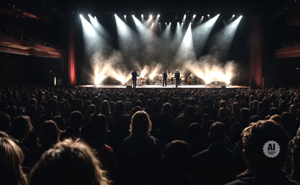 Musicians perform on a smoke-filled stage to a large, silhouetted audience in a theater.