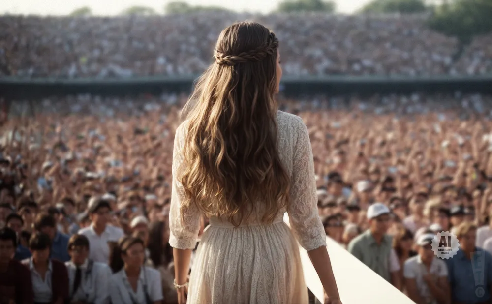 Woman in a lace dress facing a large crowd at an outdoor concert.