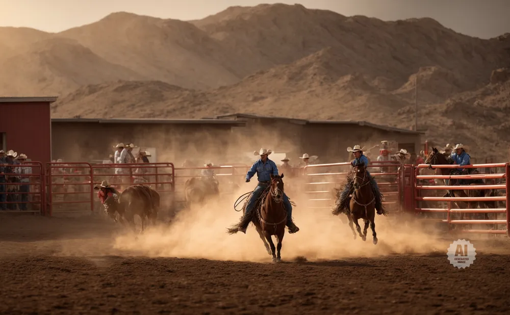 Cowboys on horseback race through dust in a rodeo arena.