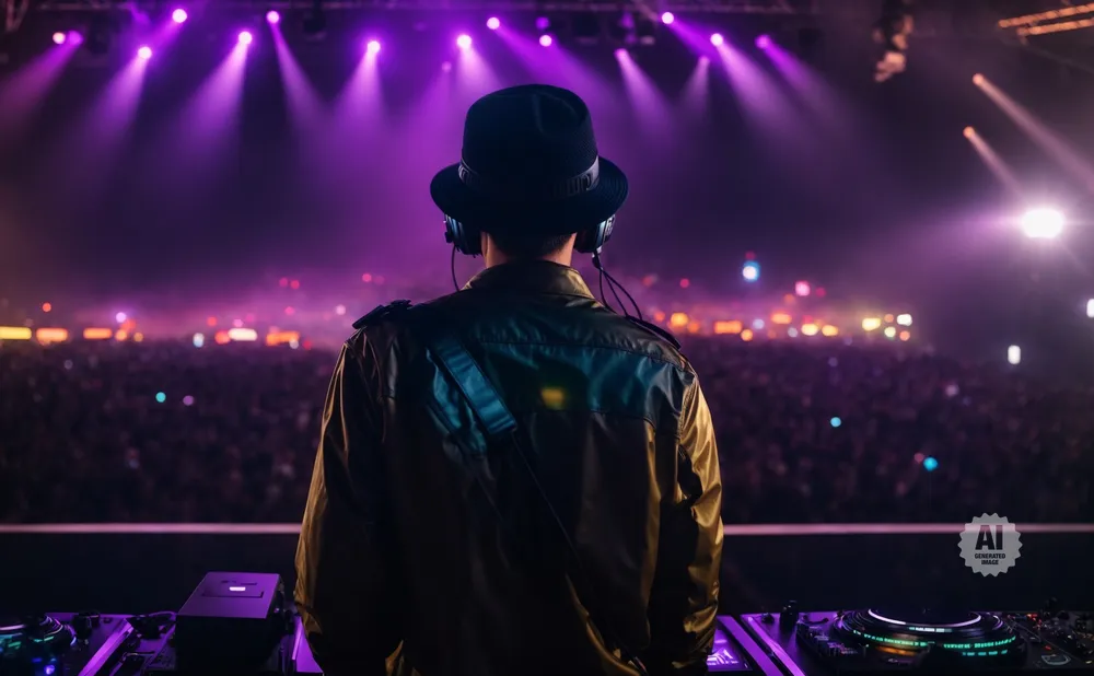 DJ in a hat and headphones plays music for a large crowd at a concert with purple stage lights.
