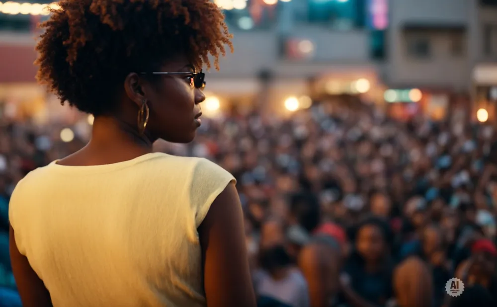 Woman with afro hair and sunglasses looks out at a blurred crowd at an outdoor event.