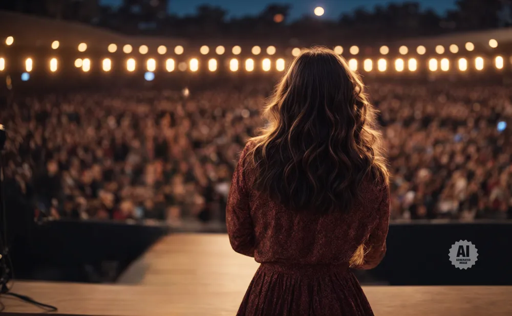 Woman in a red dress on stage facing a large audience under string lights.