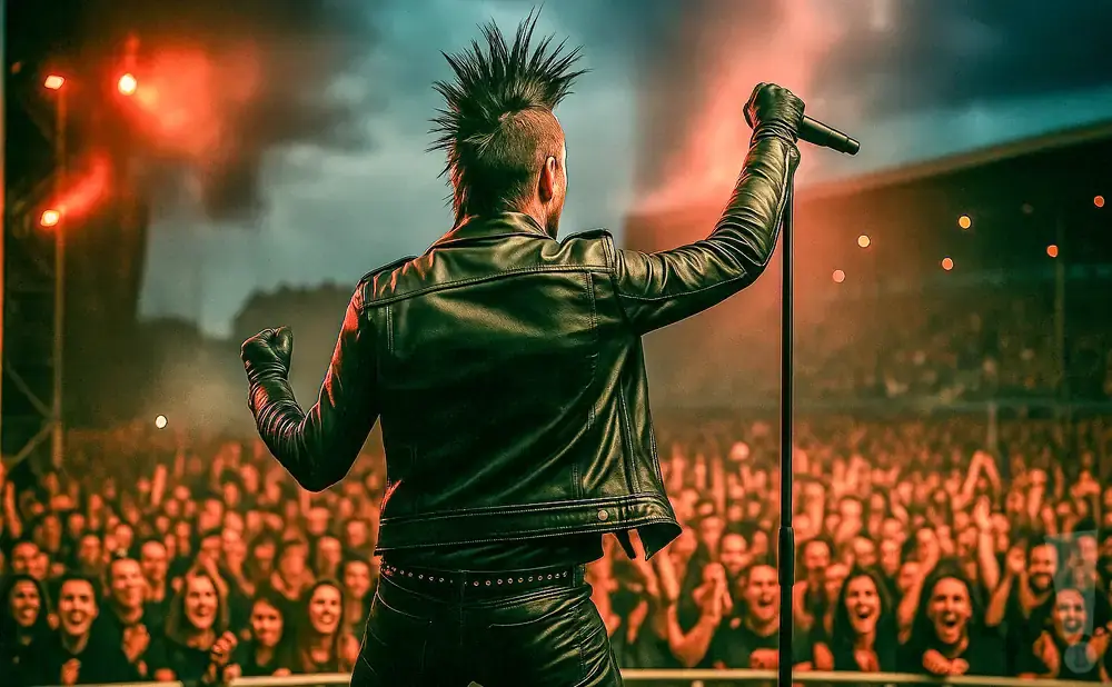 Singer with a mohawk in a leather jacket on stage, holding a microphone, performing for an excited crowd.