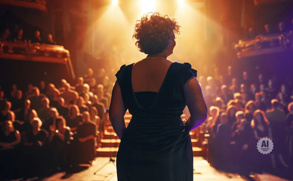 A woman in a black dress stands on stage with her back to the audience, bathed in golden stage light.