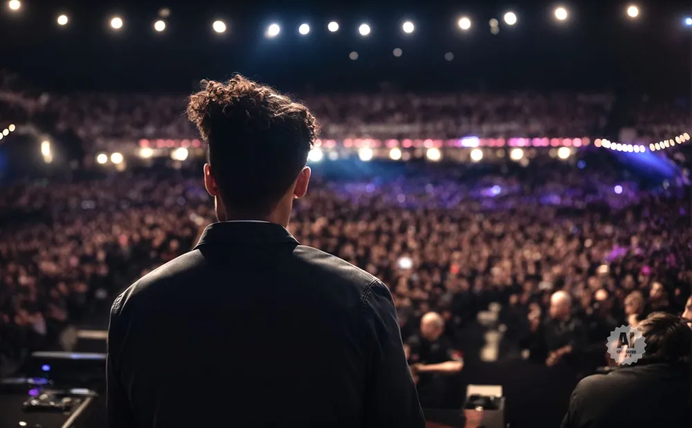 A person stands on stage facing a large crowd at a concert.