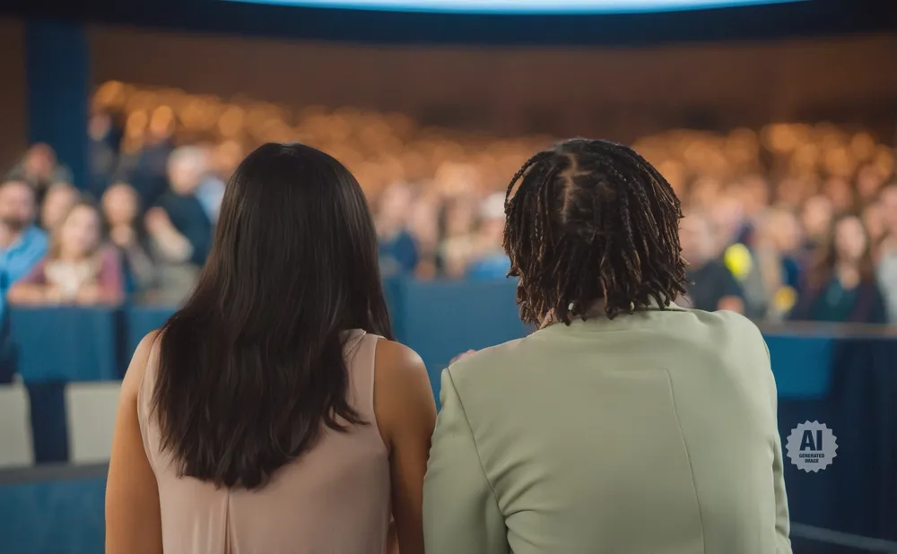 Two people from behind watch a blurred audience in a lecture hall.