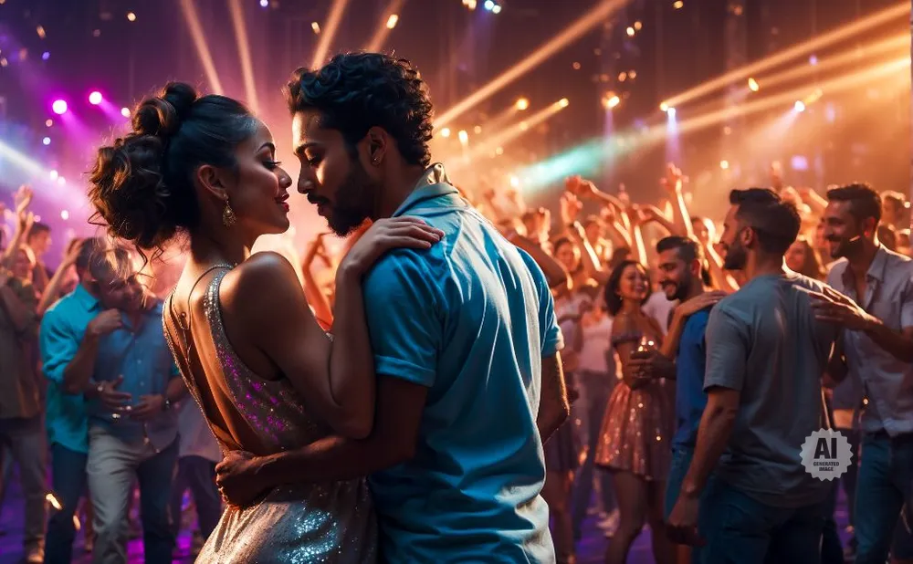 A couple dances intimately at a lively party, with a crowd of people dancing in the background under colorful lights.