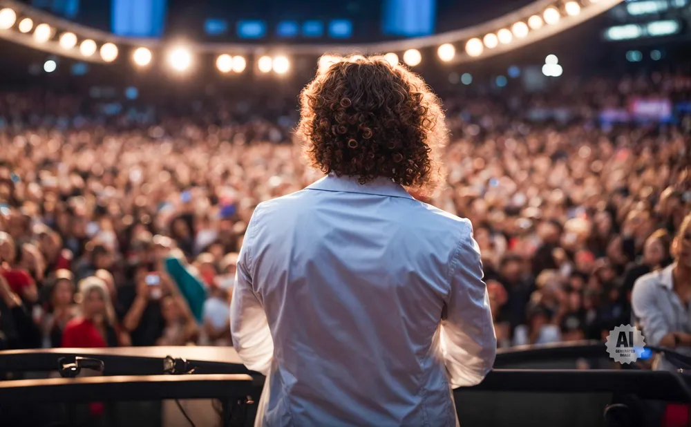 Back view of a person with curly hair in a white jacket facing a large, blurred crowd under stage lights.