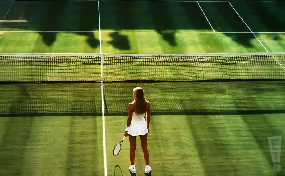 A woman in a white tennis outfit stands on a grass court, holding a racket.