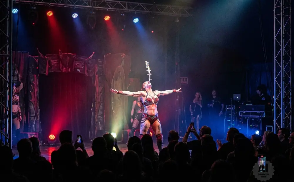 A circus performance with dancers and costumed performers under dramatic lighting.