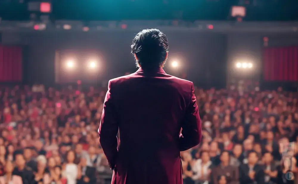 Man in a maroon suit facing a large, blurred audience under stage lights.