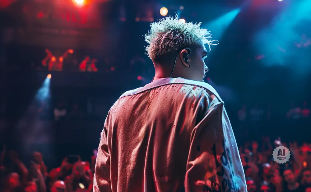 A person with spiky hair on stage, facing away from the camera, with a blurred audience in the background.