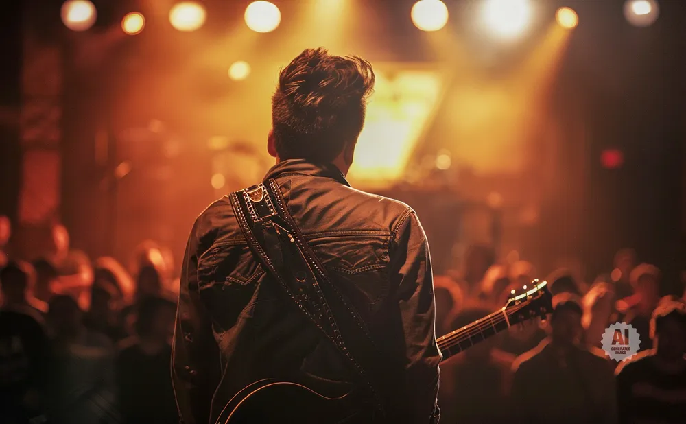 Guitarist on stage with warm lighting and a crowd in the background.