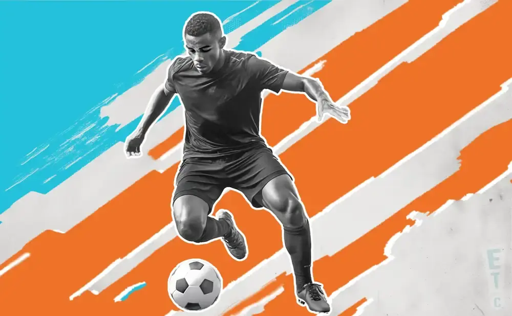 A soccer player dribbling a ball on an orange and blue striped background.
