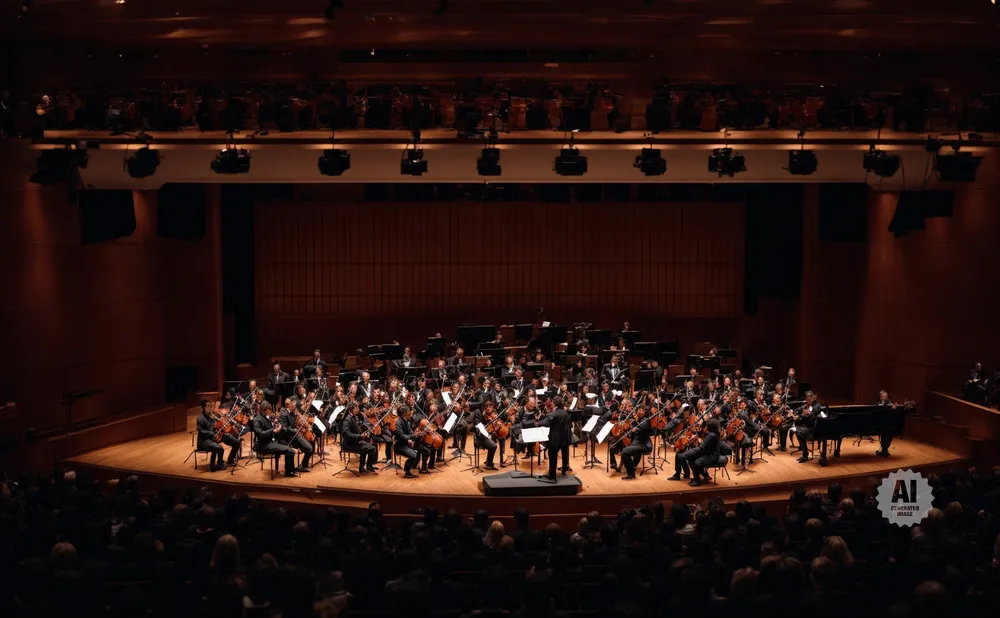 An orchestra performs on a wooden stage in a concert hall, with a pianist at a grand piano.