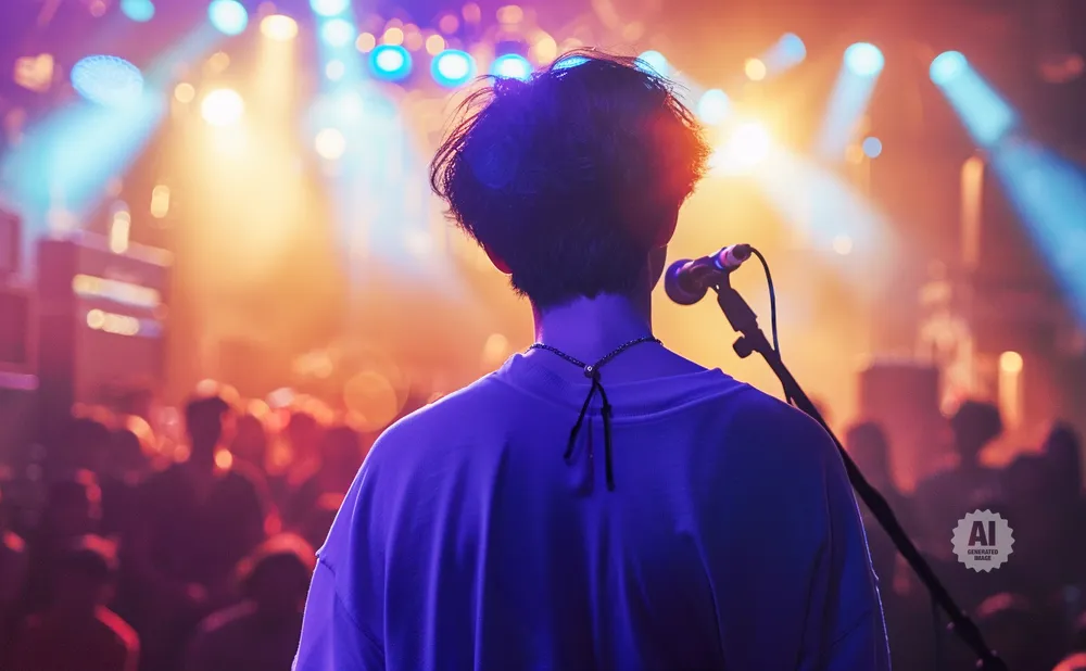 Singer on stage with a microphone and blurred audience in the background, illuminated by colorful stage lights.