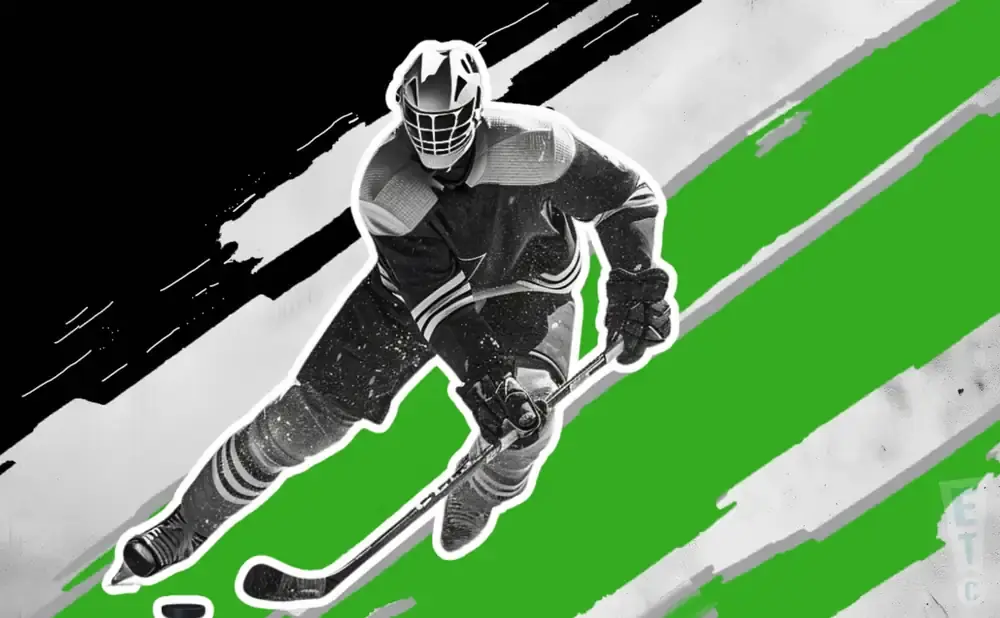 A black and white image of a hockey player in motion against a backdrop of green and black diagonal stripes.
