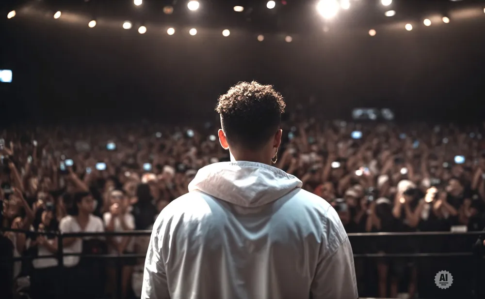 A person in a white hoodie stands facing a large, cheering crowd at a concert, with lights overhead.