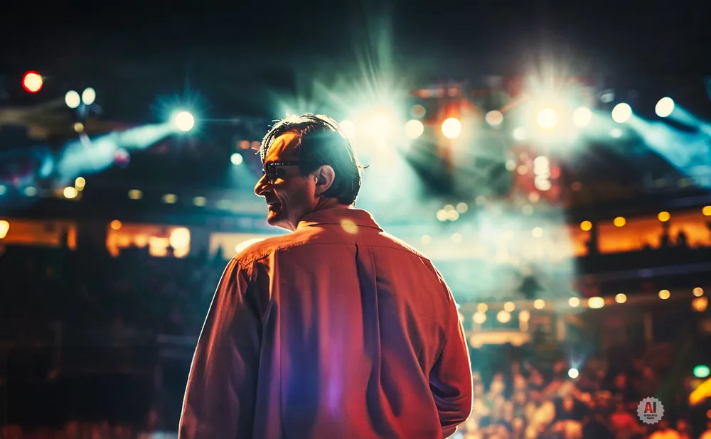 Man in a red shirt with glasses, facing away from the camera, bathed in stage lights.