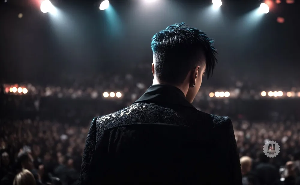 A person with blue hair faces a blurry crowd on stage, illuminated by bright lights.