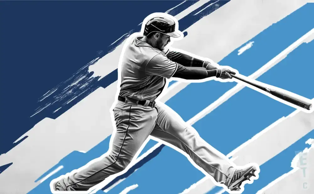 A baseball player swings a bat against a graphic background of blue and white stripes.