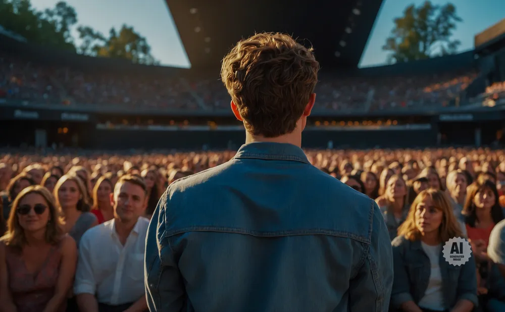 A man in a denim jacket faces a large, cheering crowd at an outdoor concert.