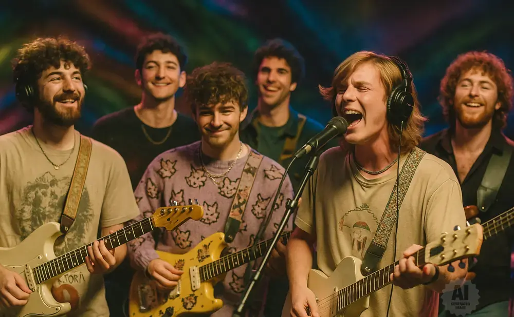 A band of six young men play guitars and sing in a colorful, dimly lit room.